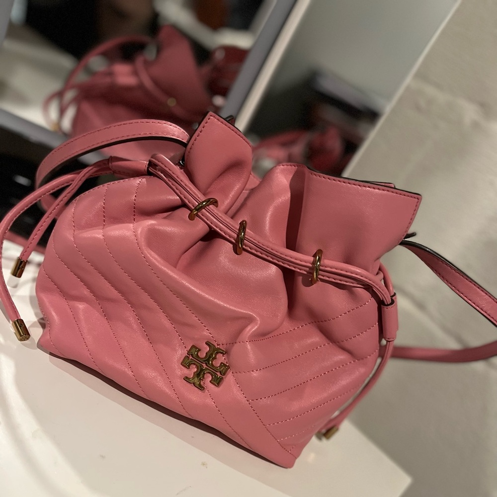 Light pink Tory Burch drawstring satchel bag